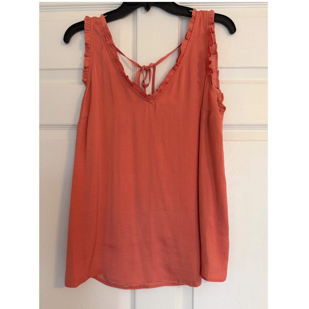 LC Lauren Conrad Coral Pink Ruffle V-Neck Sleeveless Blouse Tie Back Top L